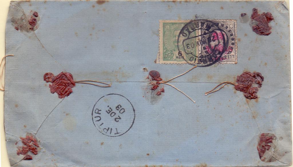 1176 v.jpg -     Lote:    1176 (verso)            Índia       Descrição:         1902/03 &mdash; D. Carlos I Mouchon + D. Luís I, com sobretaxa. Sobrescrito circulado registado de Margão (20.11.03) para Tiptur (índia Inglesa) com selos de 6 reis CE190 e de 2 &frac12; Tgs s/ 1 &frac12; reis preto CE171.        Carta       Valor Base:     &euro; 100,00     Valor Venda:     Retirado     